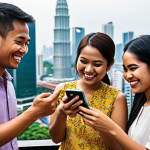 **Image:** A diverse group of Malaysians (Malay, Chinese, Indian) are smiling and interacting positively while using a local sharing economy app on their smartphones. The background shows a vibrant Malaysian cityscape, emphasizing both traditional and modern elements. Focus on conveying a sense of trust, community, and economic opportunity.