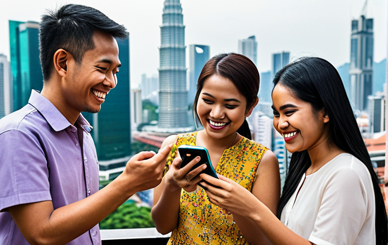**Image:** A diverse group of Malaysians (Malay, Chinese, Indian) are smiling and interacting positively while using a local sharing economy app on their smartphones. The background shows a vibrant Malaysian cityscape, emphasizing both traditional and modern elements. Focus on conveying a sense of trust, community, and economic opportunity.